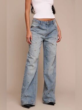 Pretty Little thing MID BLUE DOME STUD HIGH WAISTED DENIM JEANS